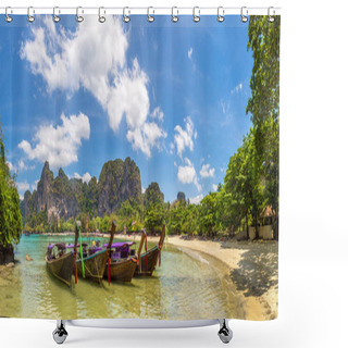Personality  Panorama Of Traditional Long Tail Boat On Railay Beach, Krabi, Thailand In A Summer Day Shower Curtains