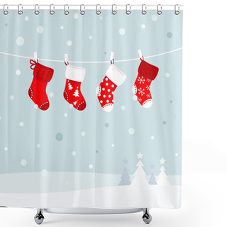 Personality  Christmas Stockings In Winter Nature - White And Red Shower Curtains