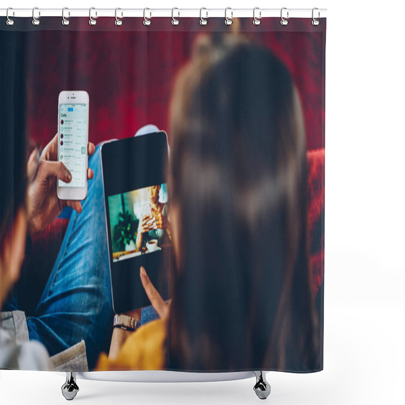 Personality  Cropped Back View Of Young Marriage Reading News On Internet Websites And Sharing Multimedia From Smartphone On Touch Pad.Young People Checking Mail On Phone And Downloading Media Files On Tablet Shower Curtains