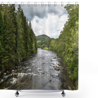 Personality  Mountain River Flowing Through An Green Wooded Valley On A Cloudy Summer Day. Aberdeenshire, Scotland, UK. Shower Curtains