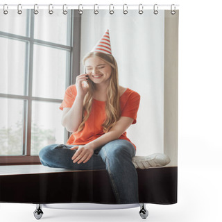 Personality  Positive Girl In Party Cap Sitting On Window Sill And Talking On Smartphone Shower Curtains
