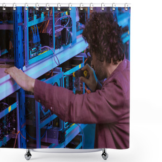 Personality  Close-up Shot Of Young Computer Engineer Repairing At Ethereum Mining Farm With Screwdriver Shower Curtains