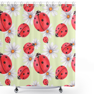 Personality  Watercolor Seamless Pattern With Ladybugs. Against The Background Of Daisies, Leaves And Dew. Shower Curtains