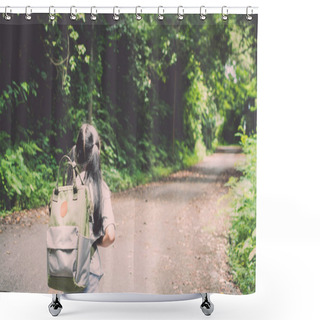 Personality  Girl With Backpack Hiking To The Hill. Shower Curtains