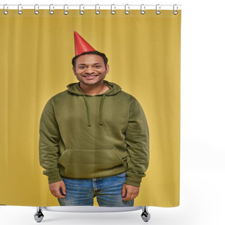 Personality  Joyful Indian Man In Casual Attire And Birthday Hat Smiling At Camera On Yellow Backdrop, Birthday Shower Curtains