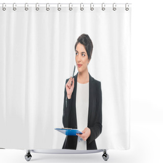 Personality  Dreamy Mixed Race Businesswoman Holding Pen And Clipboard And Looking Away Isolated On White Shower Curtains
