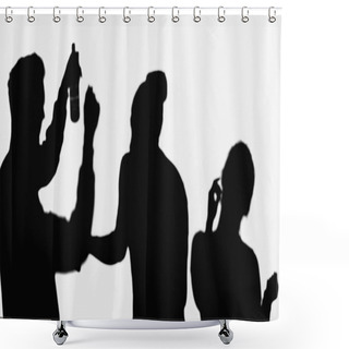 Personality  Shadow Of Man With Bottle Of Beer Near Silhouettes Of Dancing Friends Isolated On White Shower Curtains