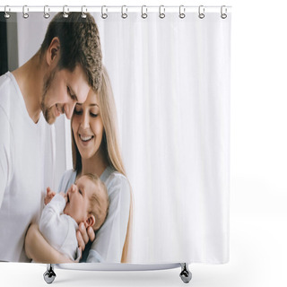 Personality  Cheerful Family Carrying Little Baby Boy In Front Of Curtains At Home Shower Curtains