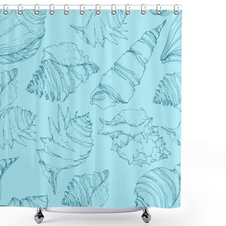 Personality  Summer Beach Seashell Tropical Elements. Black And White Engraved Ink Art. Seamless Background Pattern. Shower Curtains