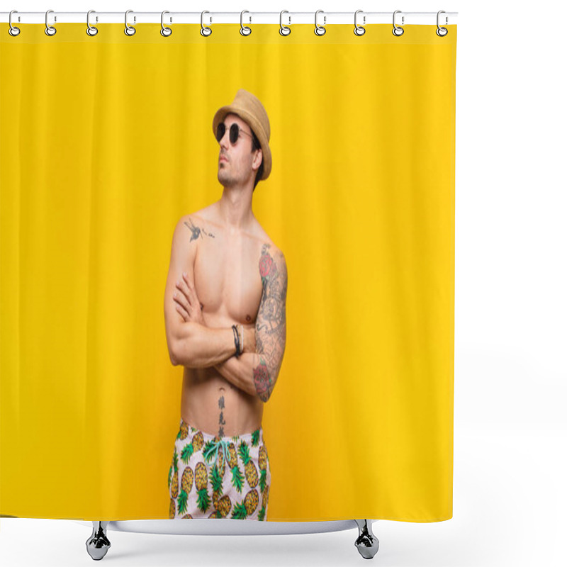 Personality  Young Handsome Man Feeling Happy, Proud And Hopeful, Wondering Or Thinking, Looking Up To Copy Space With Crossed Arms Shower Curtains