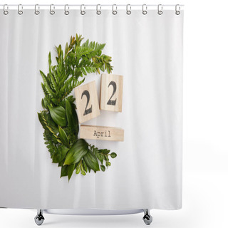 Personality  Composition Of Fresh Green Fern Leaves And Wooden Blocks Calendar Isolated On Grey Background, Earth Day Concept Shower Curtains