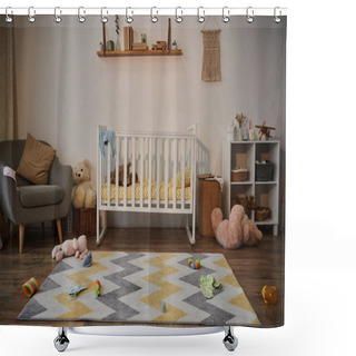 Personality  Comfortable And Cozy Nursery Room With Crib And Soft Toys In Spacious Nursery Room In Evening Shower Curtains