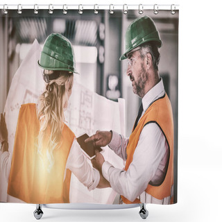 Personality  Architects Discussing With Blueprint Shower Curtains