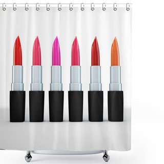 Personality  Set Of Lipsticks Red Colors. Bright Lipstick In A Row Isolated On White. 3d Illustration Of Lipstick Red Color. Shower Curtains