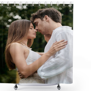 Personality  Side View Of Handsome Man Kissing Girlfriend In Crop Top And Standing Together Outdoors, Romance Shower Curtains