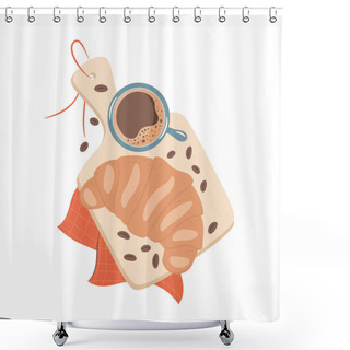 Personality  Hot Coffee And Croissant On The Wooden Tray. Vector Illustration  Shower Curtains