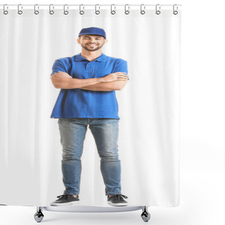 Personality  Handsome Delivery Man On White Background Shower Curtains