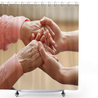 Personality  Old And Young Holding Hands On Light Background, Closeup Shower Curtains