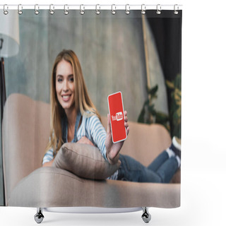 Personality  Selective Focus Of Smartphone With YouTube Website In Hand Of Beautiful Woman Shower Curtains