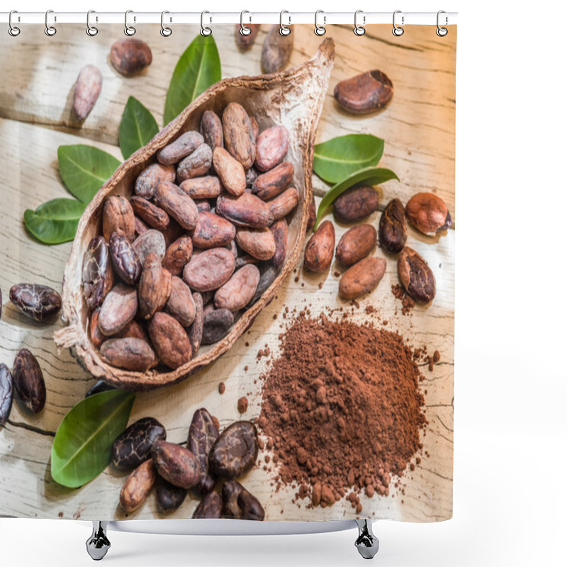 Personality  Cocao powder and cocao beans on the wooden table. shower curtains