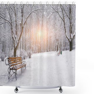 Personality  Snow-covered Trees And Benches In The City Park Shower Curtains