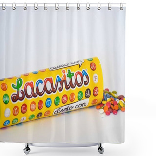Personality  Tube Of Color Chocolates Spreaded On The Floor On A White Background Shower Curtains