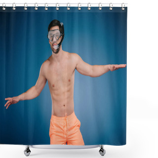 Personality  Handsome Shirtless Young Man In Shorts Wearing Snorkel And Diving Mask On Blue Shower Curtains