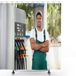 Personality  Worker In Uniform At Modern Gas Station Shower Curtains