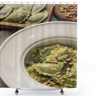 Personality  Close Up View Of Tasty Green Ravioli Served In Plate With Sage, Pine Nuts And Grated Cheese  Shower Curtains