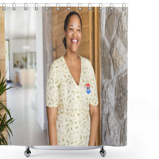 Personality  A Smiling Young Biracial Woman Stands In A Bright Hallway, Wearing A Vote Badge, With Copy Space. Her Badge Promotes Civic Engagement In A Healthcare Setting. Shower Curtains