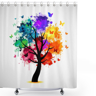 Personality  Colorful Tree Background With Paint Splat And Butterflies Shower Curtains