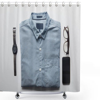 Personality  Flat Lay Of Shirt, Smartphone And Glasses Isolated On White Shower Curtains