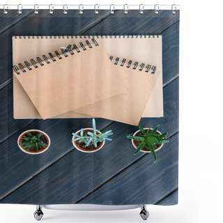 Personality  Top View Of Notebooks With Blank Covers And Succulents In Pots On Wooden Table Top Shower Curtains