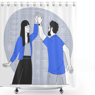 Personality  High-five. Young Man And Woman Giving High-five And Smiling. Flat Design Success And Cooperation Vector Concept. Shower Curtains