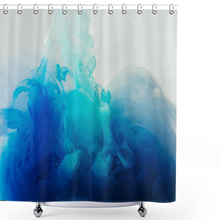 Personality  Close Up View Of Mixing Of Blue And Turquoise Paints Splashes In Water Isolated On Gray Shower Curtains