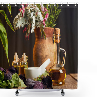 Personality  White Mortar With Pestle Near Bottles Wit Oil And Vase With Fresh Flowers On Wooden Surface Isolated On Black Shower Curtains