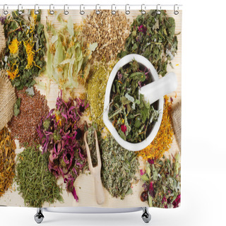 Personality  Healing Herbs On Wooden Table, Herbal Medicine Shower Curtains