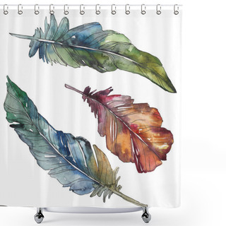 Personality  Bird Feather From Wing Isolated. Watercolor Background Illustration Set. Watercolour Drawing Fashion Aquarelle Isolated. Isolated Feathers Illustration Element. Shower Curtains