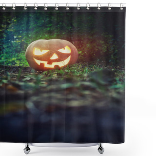Personality  Glowing Pumpkin In The Forest. Jack O Lantern For Halloween Shower Curtains