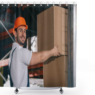 Personality  Cheerful Loader Smiling At Camera While Holding Cardboard Box Shower Curtains