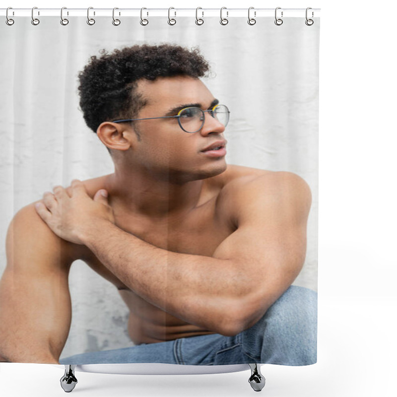 Personality  Young And Curly Cuban Man With Athletic Body Wearing Jeans And Stylish Round-shaped Eyeglasses Shower Curtains
