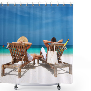Personality  Couple In White Relax On A Beach At Maldives Shower Curtains