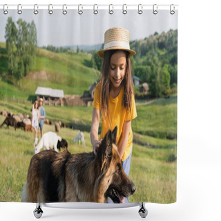 Personality  Smiling Child In Straw Hat Stroking Cattle Dog Near Parents Herding Flock On Blurred Background Shower Curtains