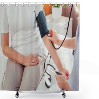 Personality  Nurse Measuring Blood Pressure To Patient Shower Curtains