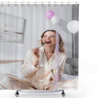 Personality  Positive Woman With Glass Of Champagne Eating Raspberry Near Balloons In Bedroom  Shower Curtains