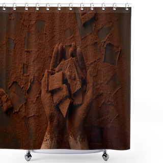 Personality  Partial View Of Person Holding Chocolate Pieces And Cocoa Powder  Shower Curtains