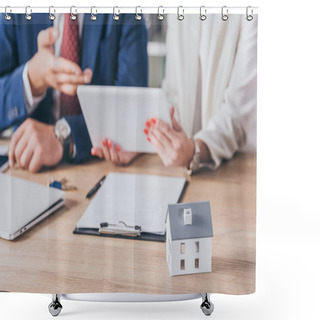 Personality  Selective Focus Of House Model Near Woman Holding Digital Tablet And Businessman Pointing With Hand Shower Curtains