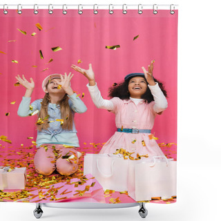 Personality  Amazed, Fashionable Interracial Girls Throwing Confetti Near Gifts On Pink Shower Curtains