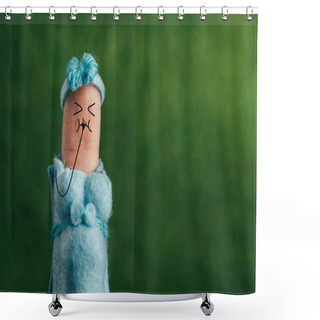 Personality  Cropped View Of One Pregnant Finger Having Nausea On Green Shower Curtains