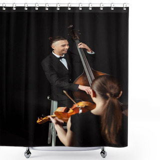 Personality  Cheerful Professional Musicians Playing On Violin And Contrabass On Dark Stage  Shower Curtains